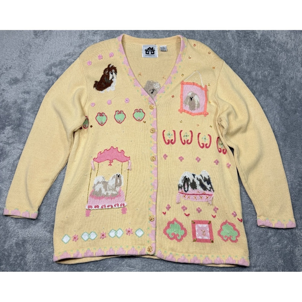Storybook Knits Lhasa Apso Dog Cardigan Sweater 2X Yellow Beaded Embroidered‎